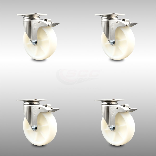 5 Inch 316SS Nylon Wheel Swivel Top Plate Caster Set Total Lock Brake SCC